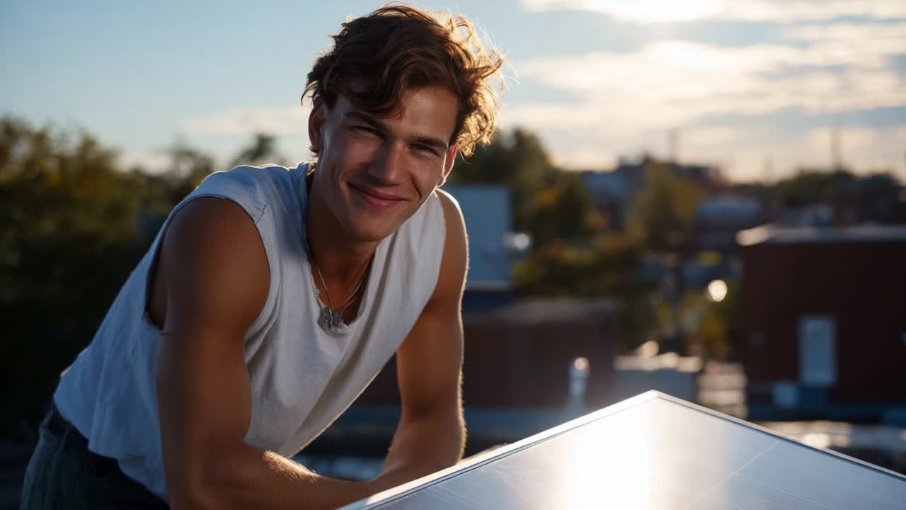 A young man with a cheerful smile enjoys working outdoors, showcasing the benefits and importance of renewable energy as he engages with solar panels on a bright, sunny day, emphasizing sustainability and innovation