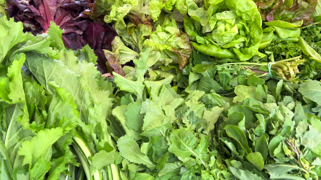 hojas de ensalada orgánicas frescas y hierbas verdes para la venta en un mercado local de agricultores en marbella españa, verduras biológicas saludables, tiro de 4k