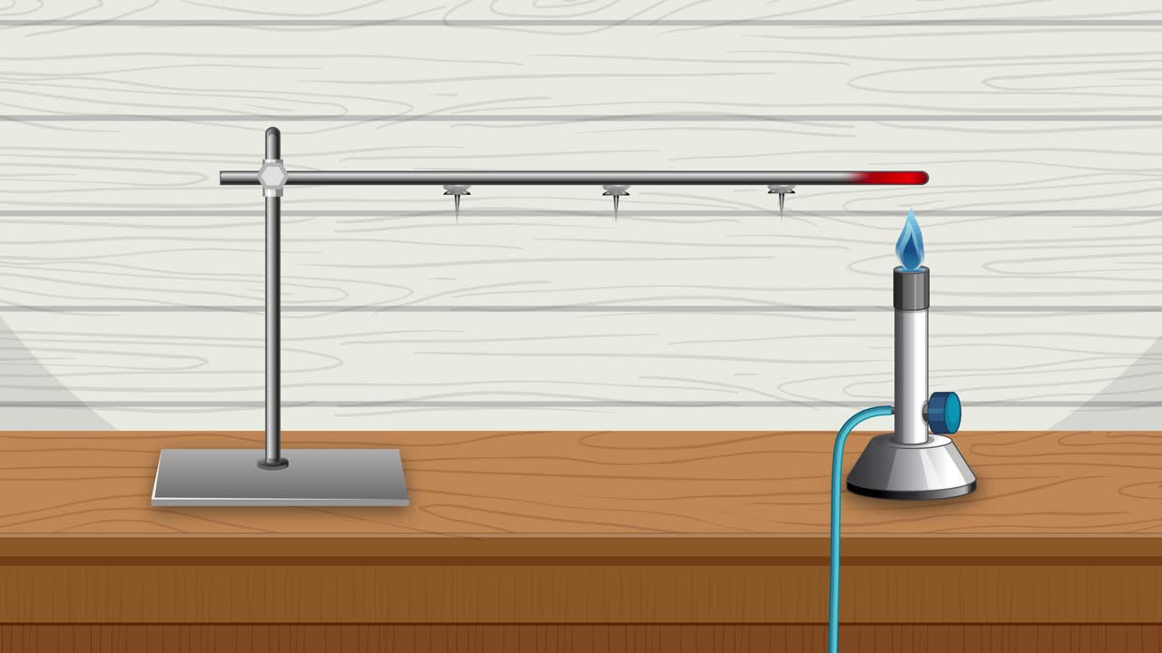 Metal rod heats from Bunsen burner, transferring heat along length, releasing attached pins sequentially