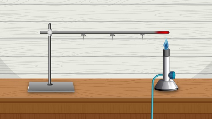Metal rod heats from Bunsen burner, transferring heat along length, releasing attached pins sequentially