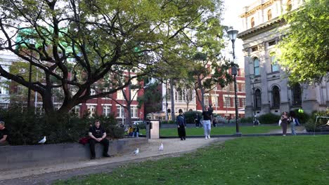 personas caminando y sentadas en un parque