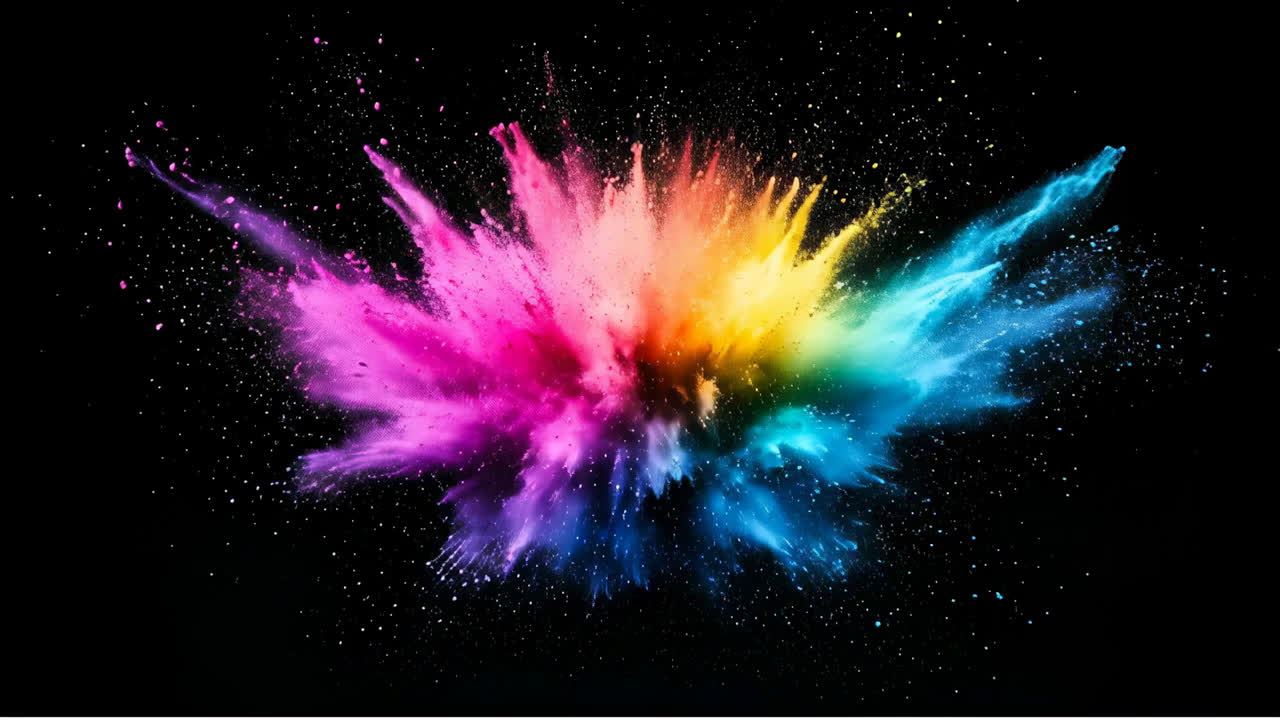 Colorful explosion of powder in motion. A vibrant cloud of colorful powder bursts against a dark background, showcasing bright hues of pink, yellow, and blue
