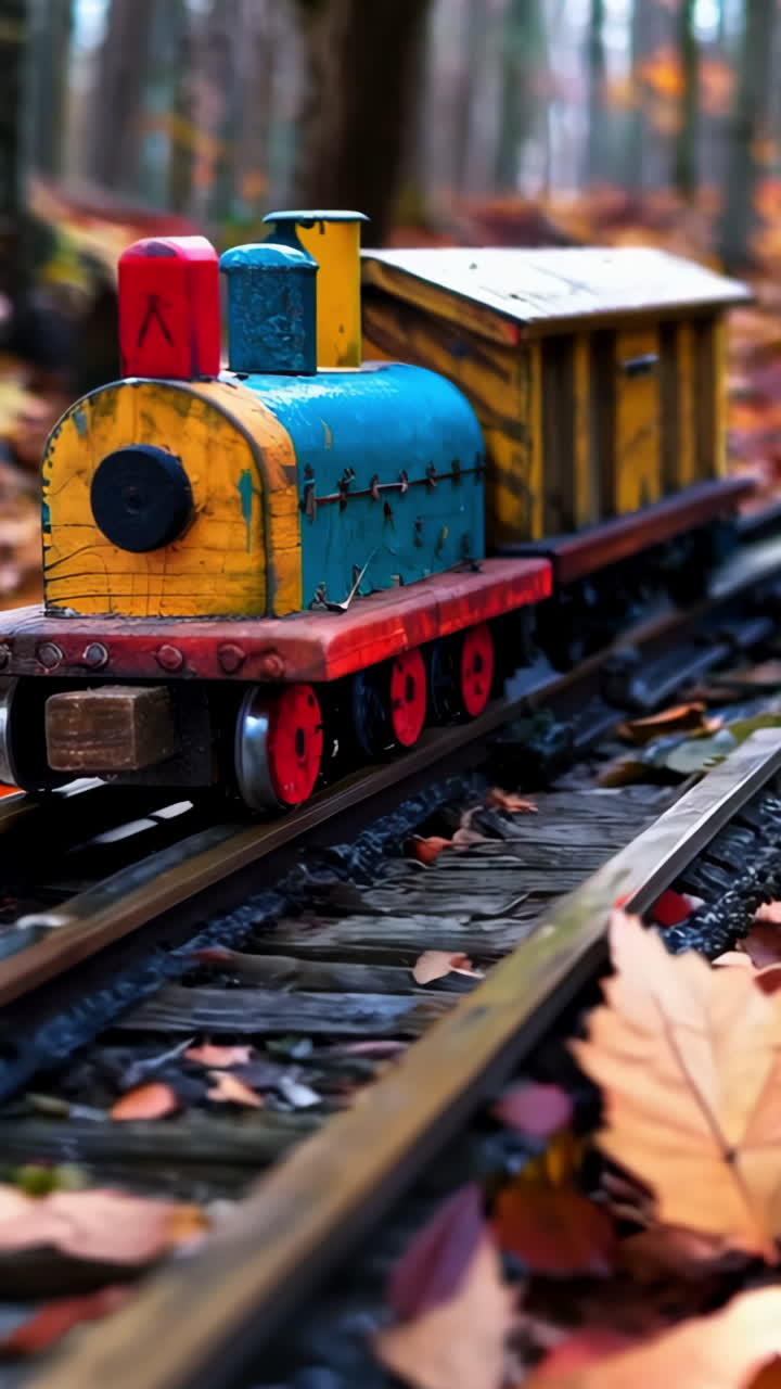 A small train is on a wooden track. The train is yellow and blue