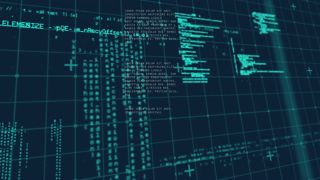 Animation of glowing red spots moving across interface with green grid and data processing