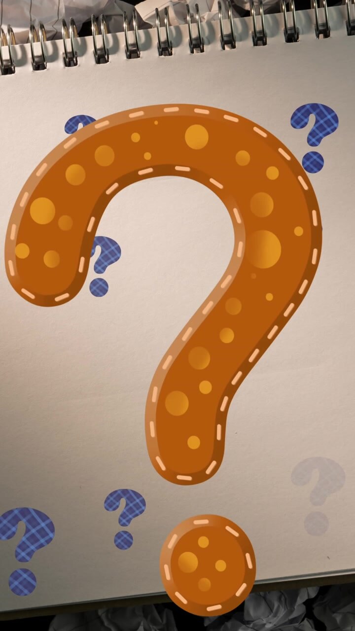 Animation of question marks over notebook and paper