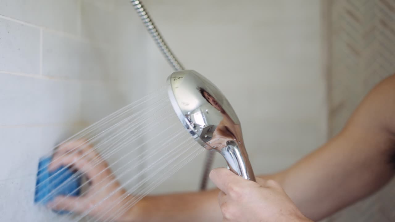 hombre blanco frota las costuras de la pared de su baño con una esponja azul y un cabezal de ducha cromado