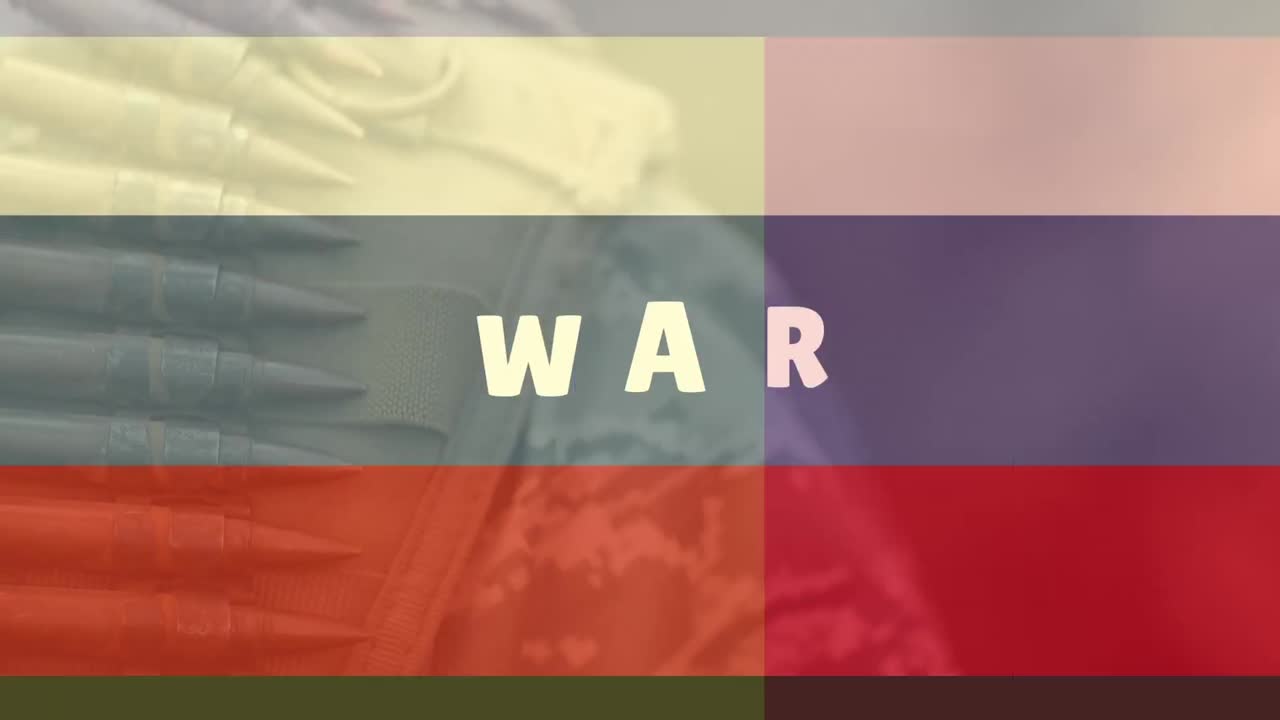 러시아의 국기와 군인 위에 국가  ⁇ 발과 전쟁 텍스트의 애니메이션