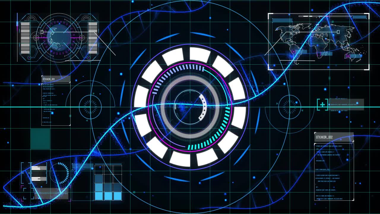 Blue arc sweeping, rotating HUD lighting helix weaving globe or map panels updating highlighting goa