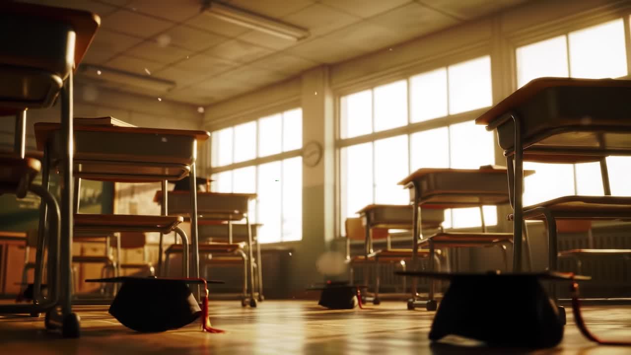 Empty Classroom Filled with Graduation Caps Under Warm Sunlight, Capturing the Essence of Achievement and New Beginnings in an Educational Setting