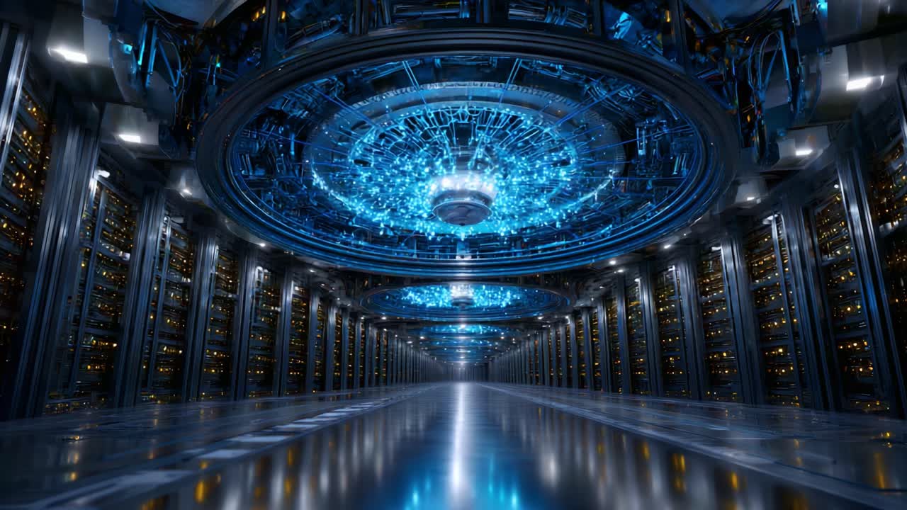 Futuristic Technology Showcase: A High-Tech Server Room with Vibrant Blue Lighting and Advanced Data Processing Equipment Illuminating a Smooth Metallic Floor