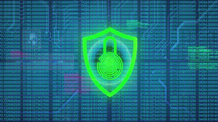 Animation of security padlock icon over data processor, round scanner and microprocessor connections