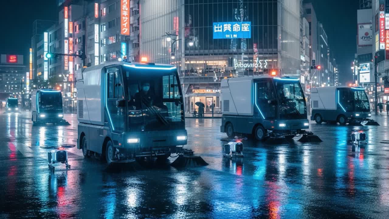 A Nighttime Urban Scene Featuring Automated Street Sweepers on a Wet Road, Illuminated by Neon Lights in a Vibrant City Environment.