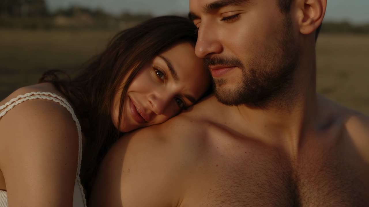 Resting woman in white lace-trim top leaning on shirtless man's shoulder on shore, sunset bathing