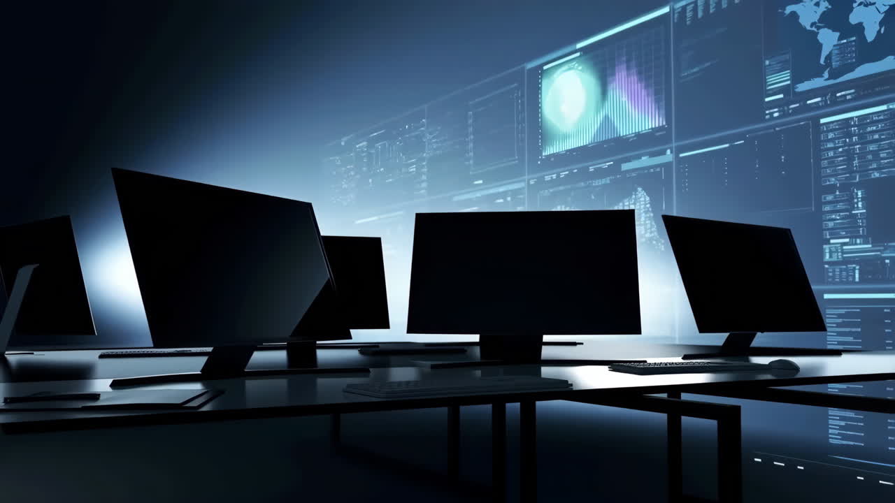 Futuristic Control Room with Multiple Computer Monitors and Data Displays