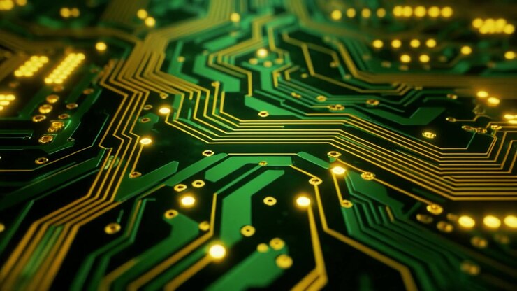 Close-up of Glowing Electronic Circuit Board Data Flow