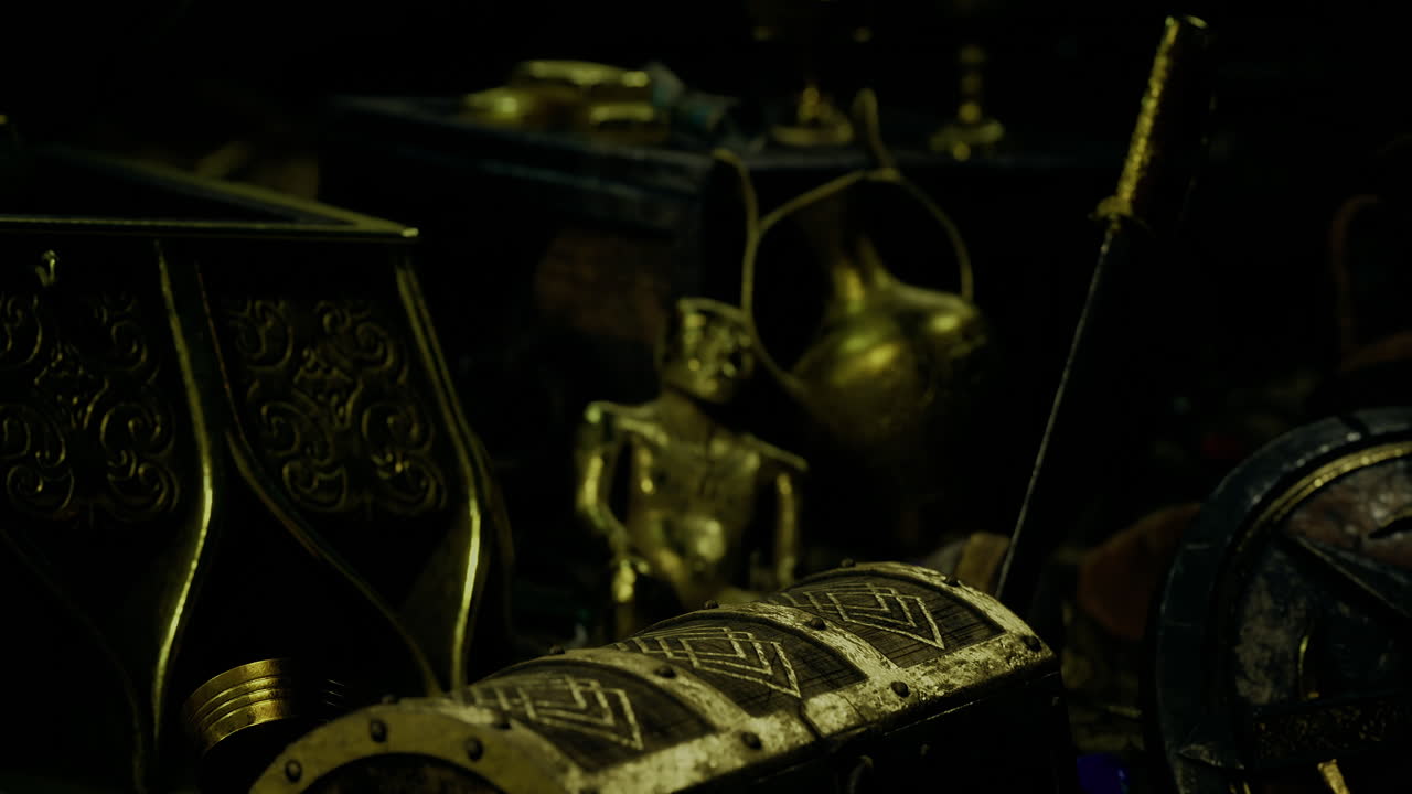 Ancient treasures shine in a dimly lit room filled with artifacts