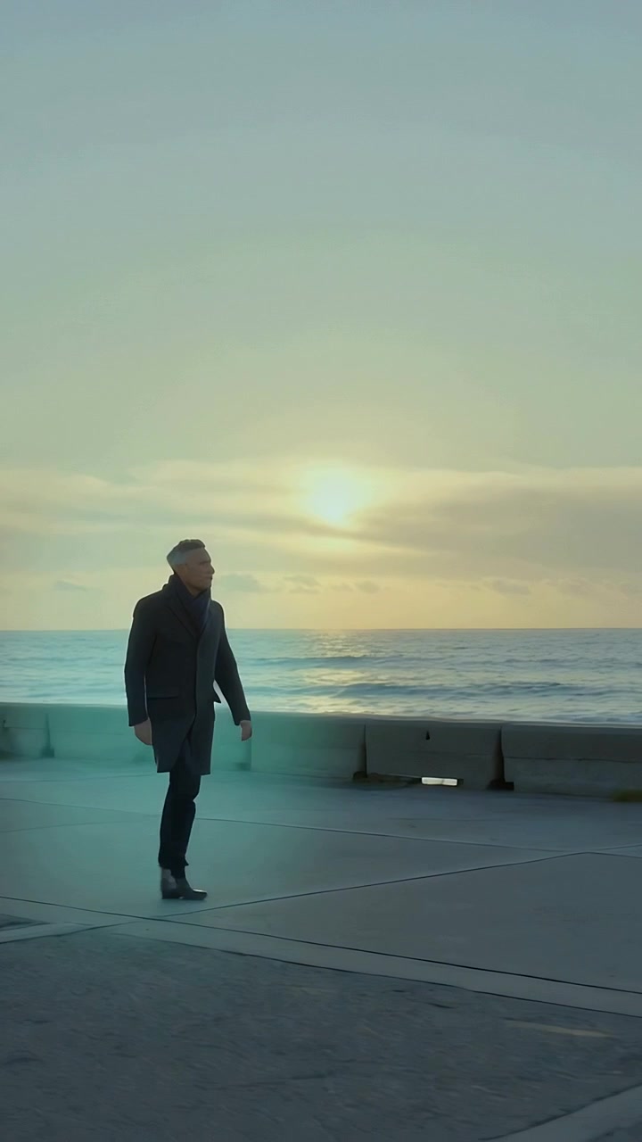Vertical video: Entering man in coat, scarf walking promenade passing seawall for sunset copy space