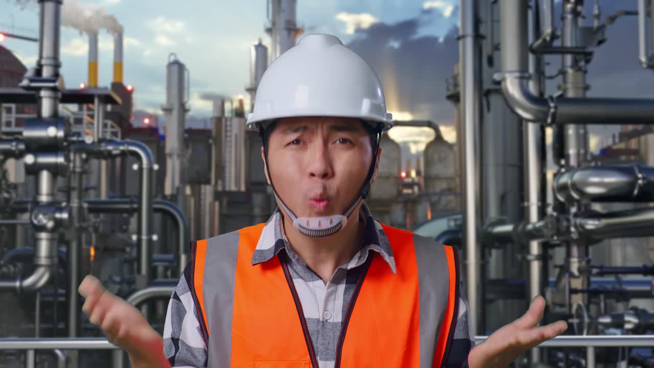 Close Up Of Wondering Asian Male Engineer With Safety Helmet Saying Why Working Doubtfully In a Refinery, Oil Processing Equipment And Machinery