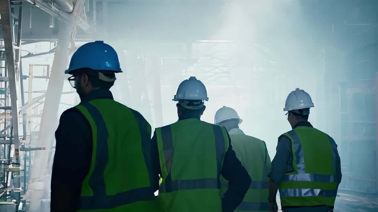 Construction workers in hard hats and safety vests on a construction site