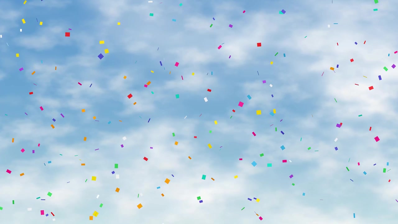 Confetti vivaci e multicolori fluttuano lentamente attraverso un cielo azzurro brillante con soffici nuvole bianche
