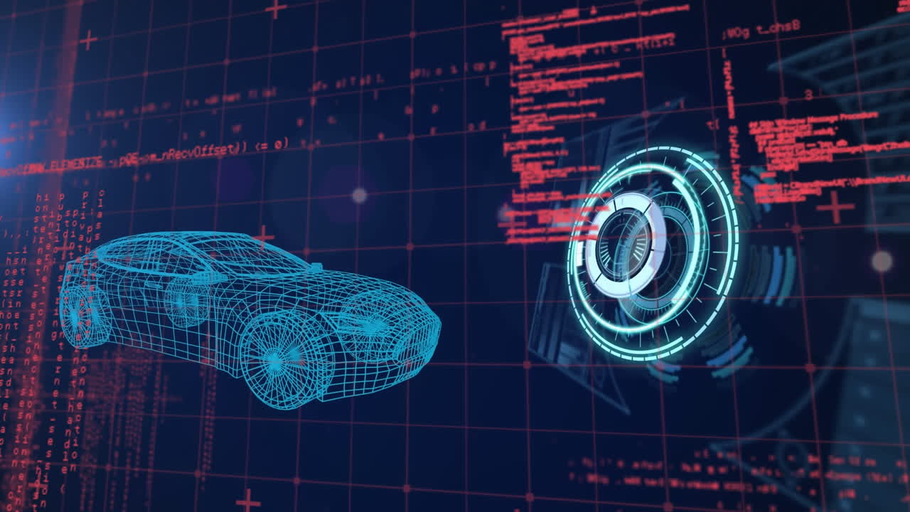 네온 둥근 스캐너의 애니메이션과 파란색 배경에 대한 3d 자동차 모델의 데이터 처리