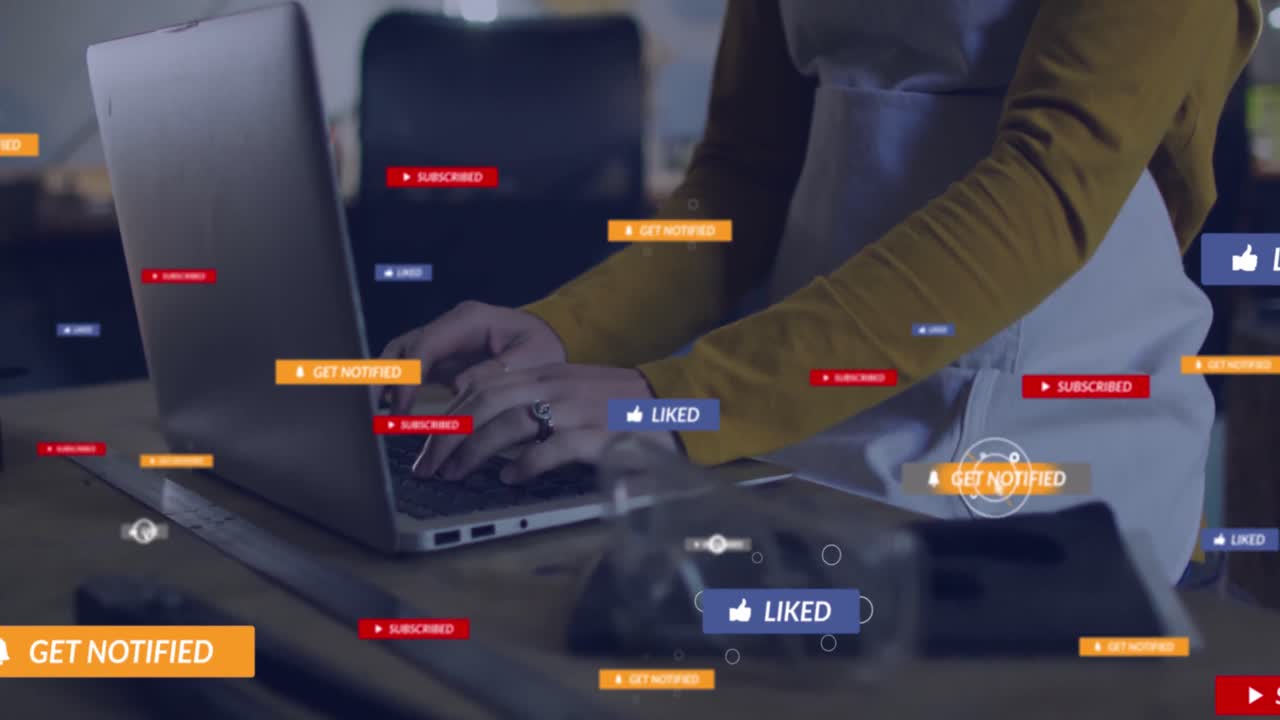 Animation of data processing over caucasian woman using laptop