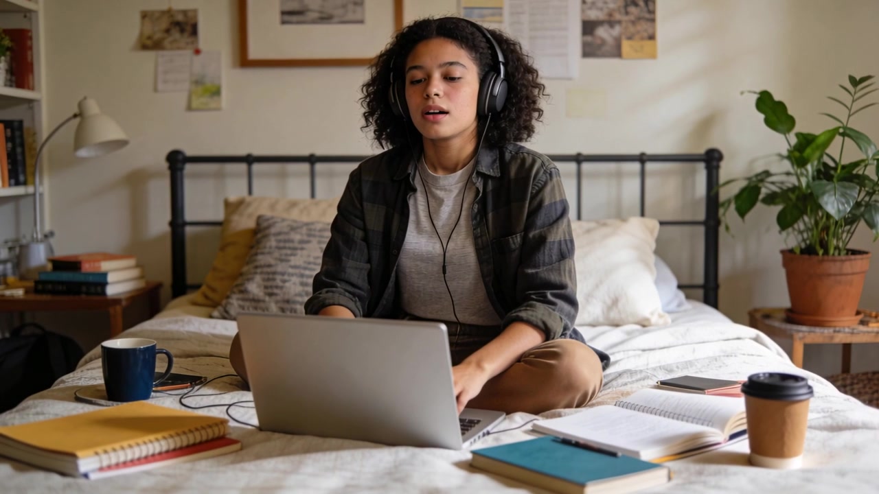 Online lecture starting, woman wearing headphones typing on laptop on bed, notebooks nearby