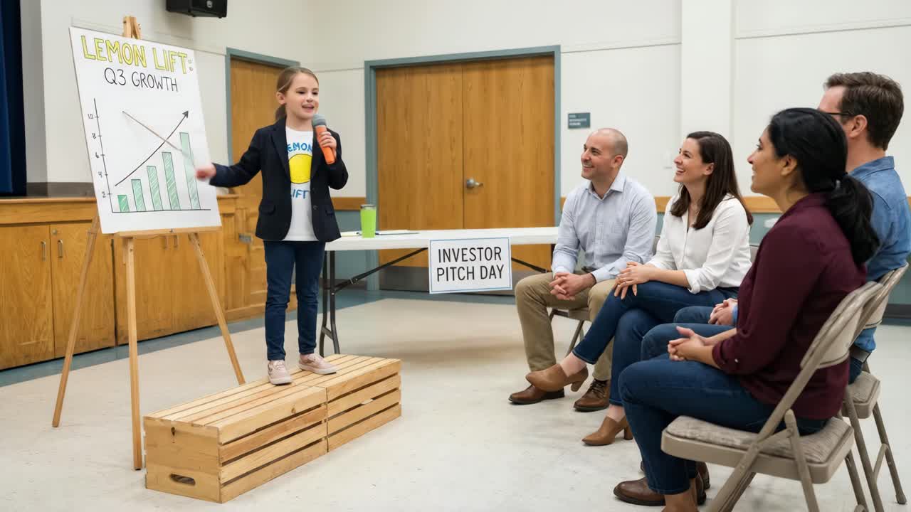 Junges Mädchen hält enthusiastische Business-Präsentation vor InvestorInnen