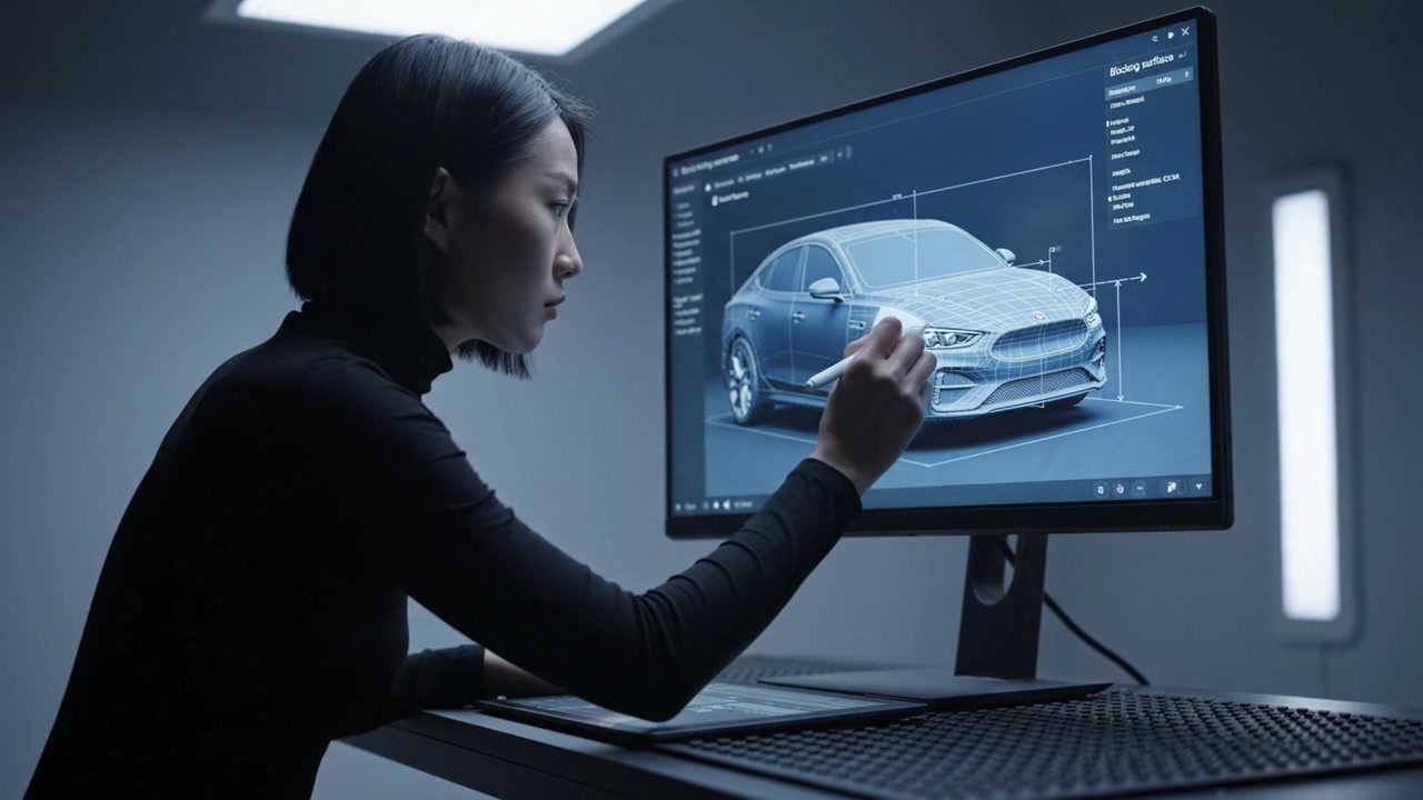 A Designer Working on a 3D Model of a Car in a Modern Studio Environment, Focusing on Details and Features on a Computer Screen with Digital Interface.