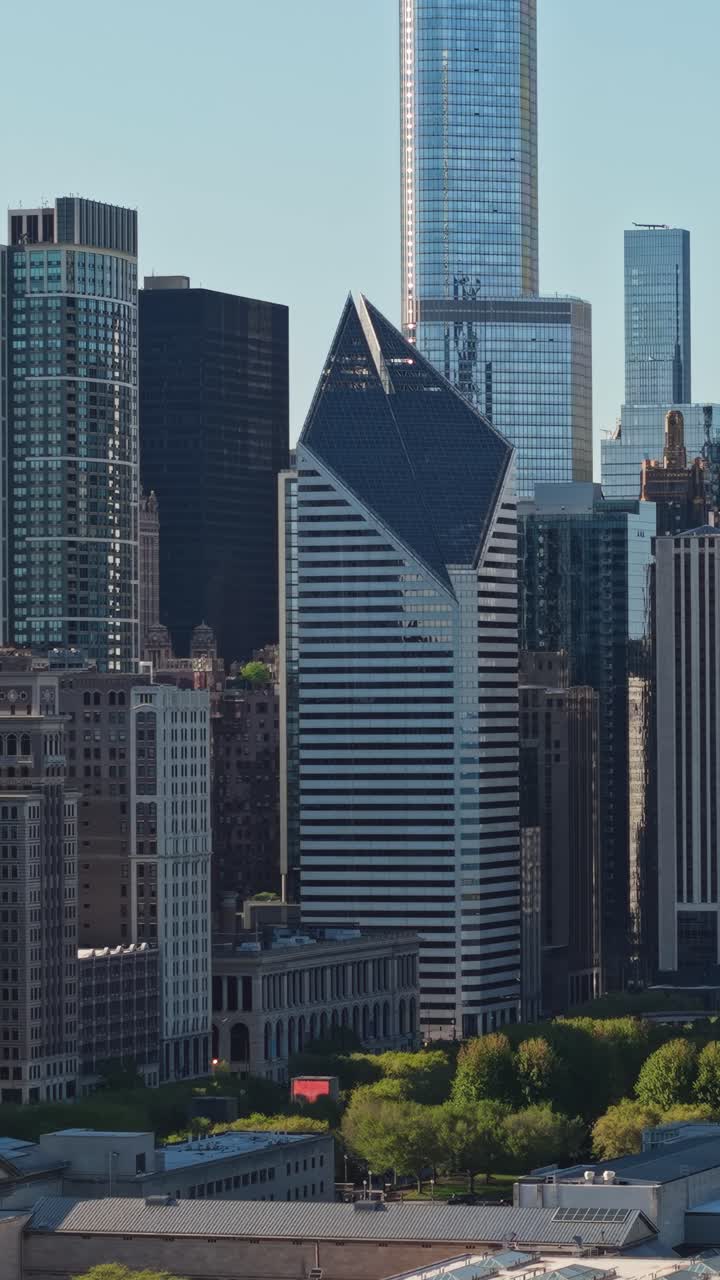Vertical Drone Shot of Chicago USA Downtown Skyscrapers, Towers and Buildings Along Michigan Avenue