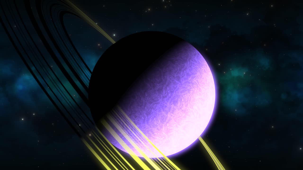 zoom cgi hacia un planeta alienígena similar a saturno lateral púrpura con anillos amarillos frente a la nebulosa verde azul, espacio, vista amplia