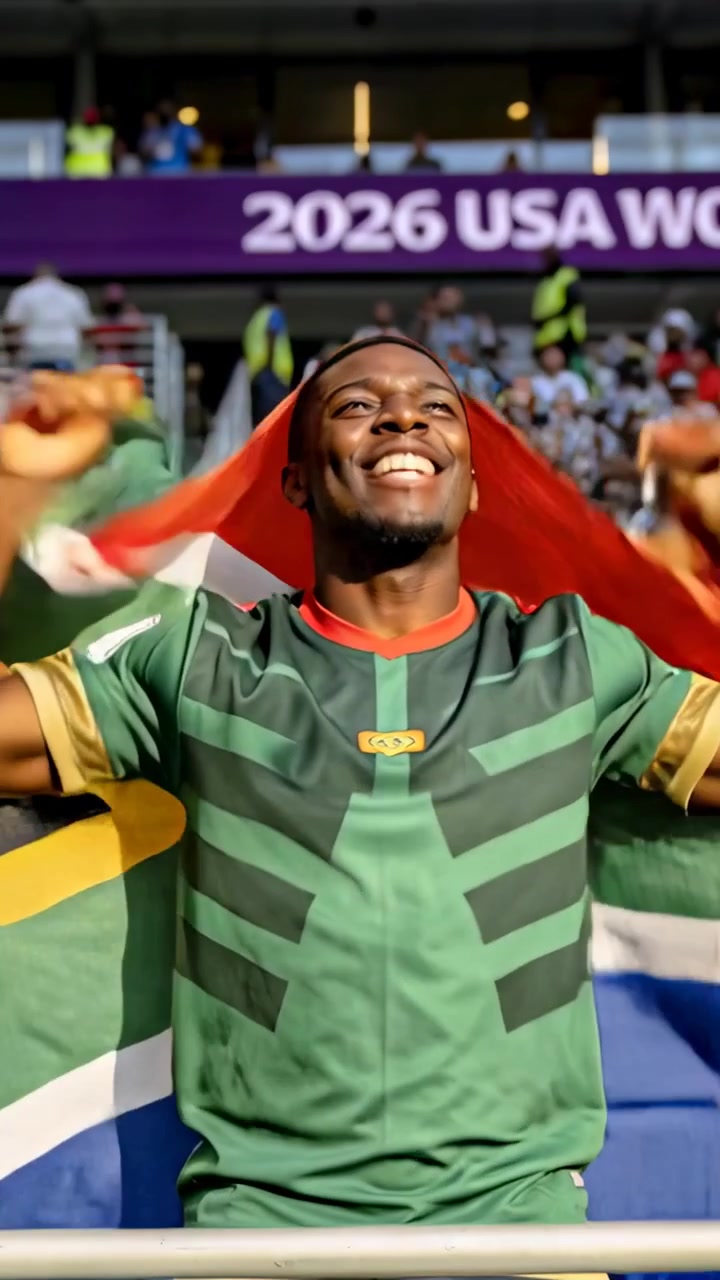 Vertical video: After roar man in green kit cheering, pumping fists at stadium rail, waving SA flag