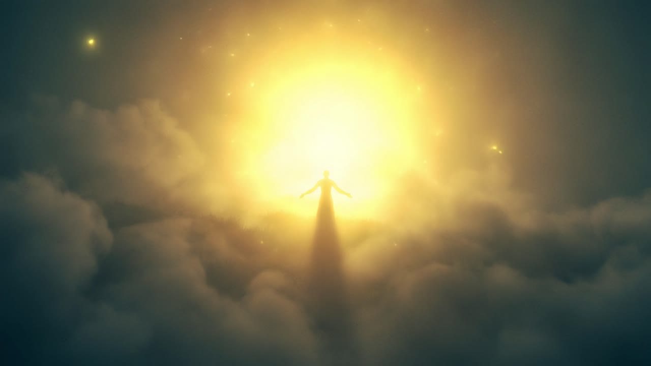 A luminous figure emerges from radiant clouds, basking in ethereal light, symbolizing transcendence and spiritual awakening amidst celestial beauty