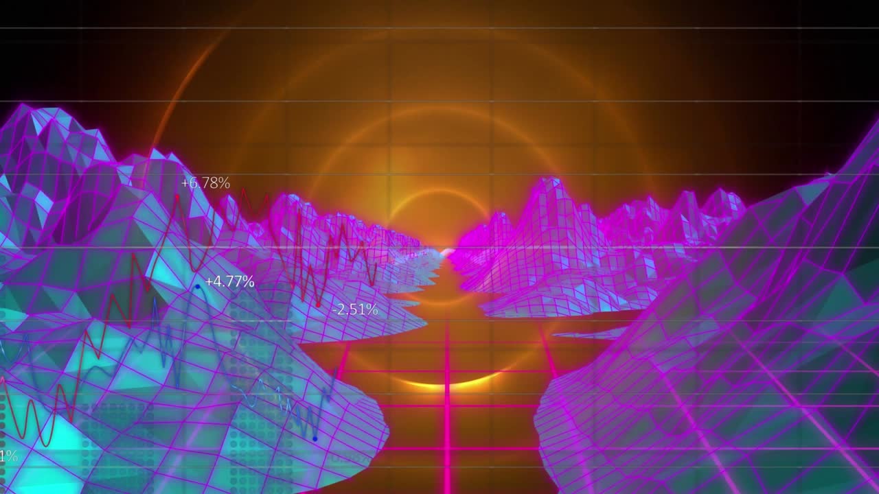 Animation of yellow shapes over colorful digital landscape on moving colorful grid