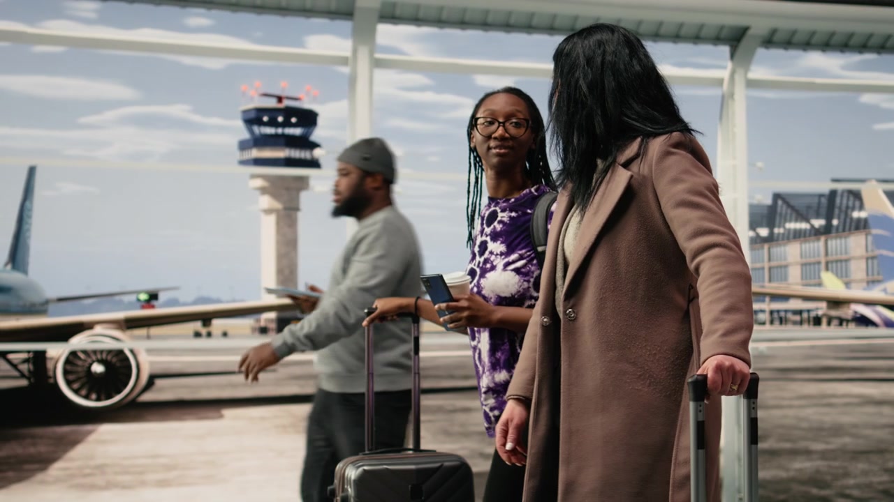 Relaxed women carrying trolleys in airport terminal, travelling together
