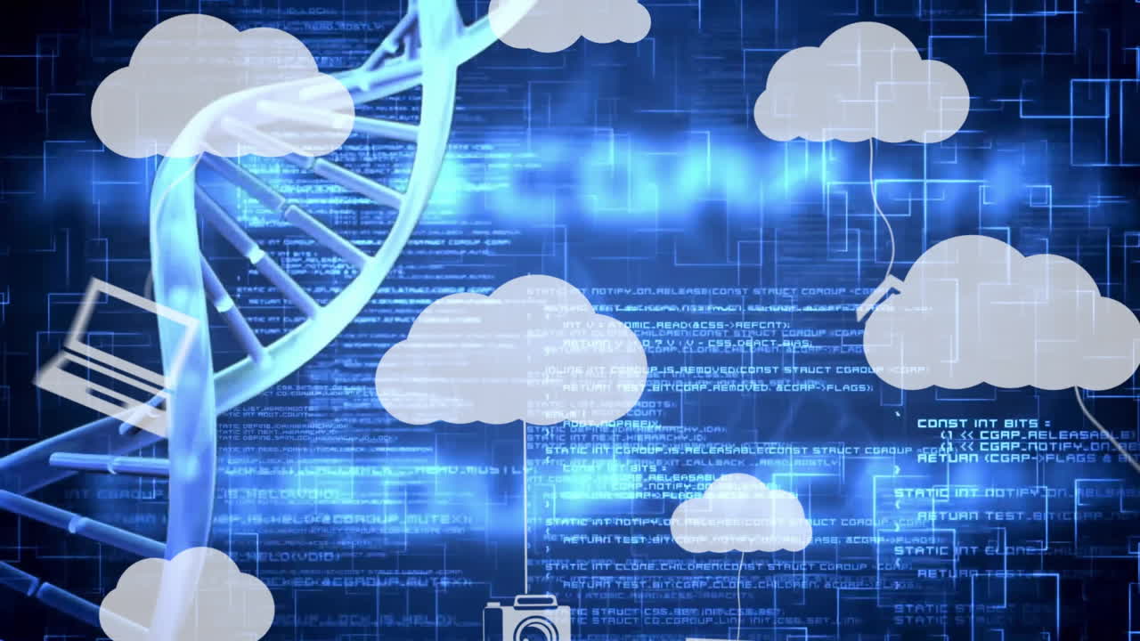 Cloud computing icons and DNA strand animation over digital data background