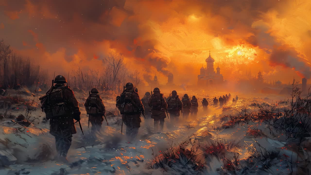 Soldiers march in winter sunset. Soldiers walk through a snowy terrain during sunset, with smoke rising in the background and a church visible ahead
