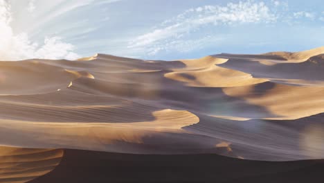 travelling across the sand dunes of a desert landscape as the sun sets over a blue sky