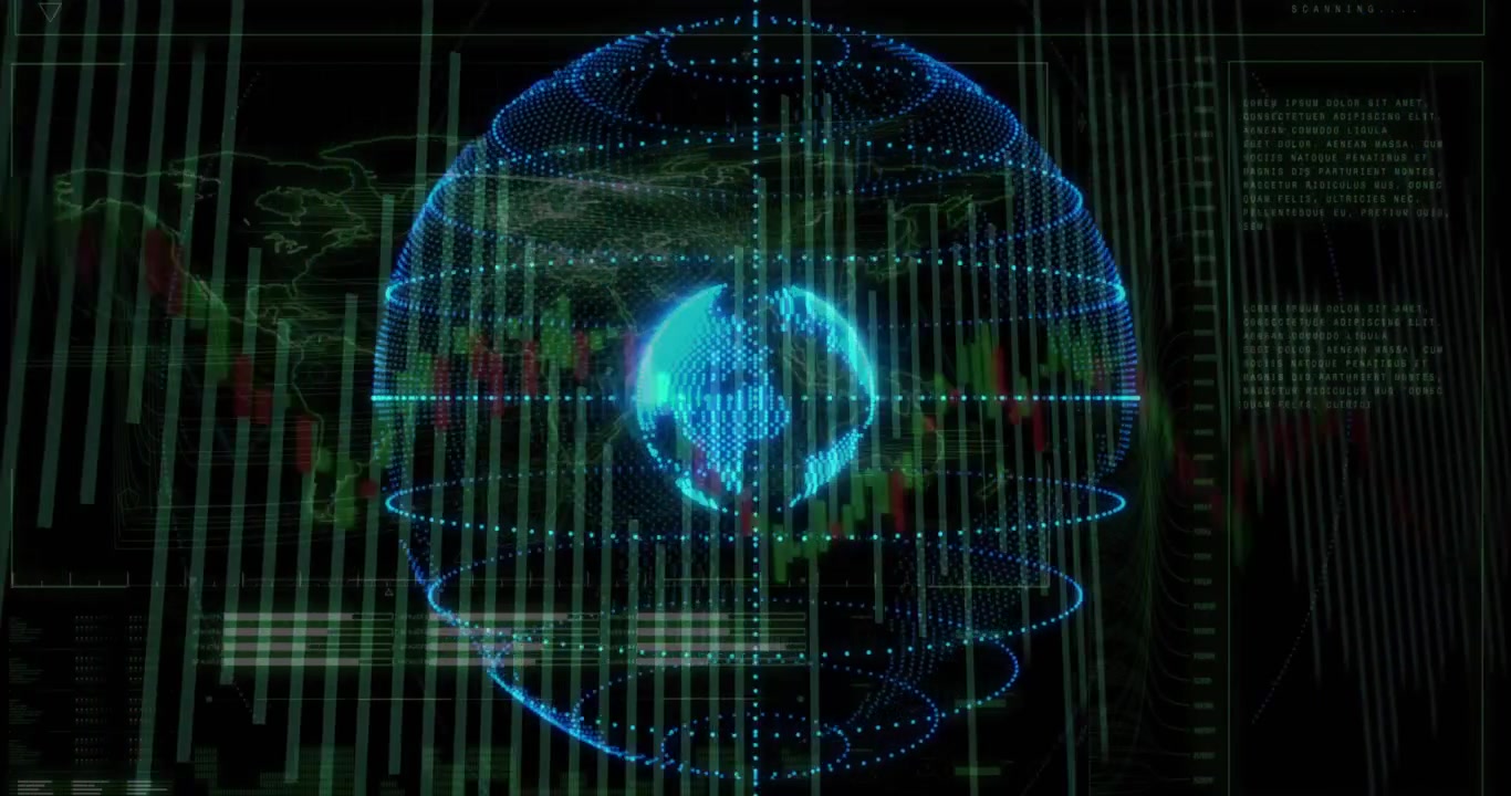 Backdrop fading triggers globe rotating with rings pulsing and charts flowing showing market trends