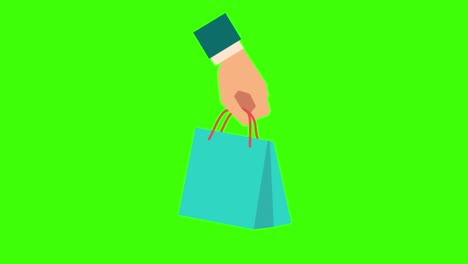 animación simple y colorida de una mano humana llevando una bolsa de compras aislada en una pantalla verde en 4k