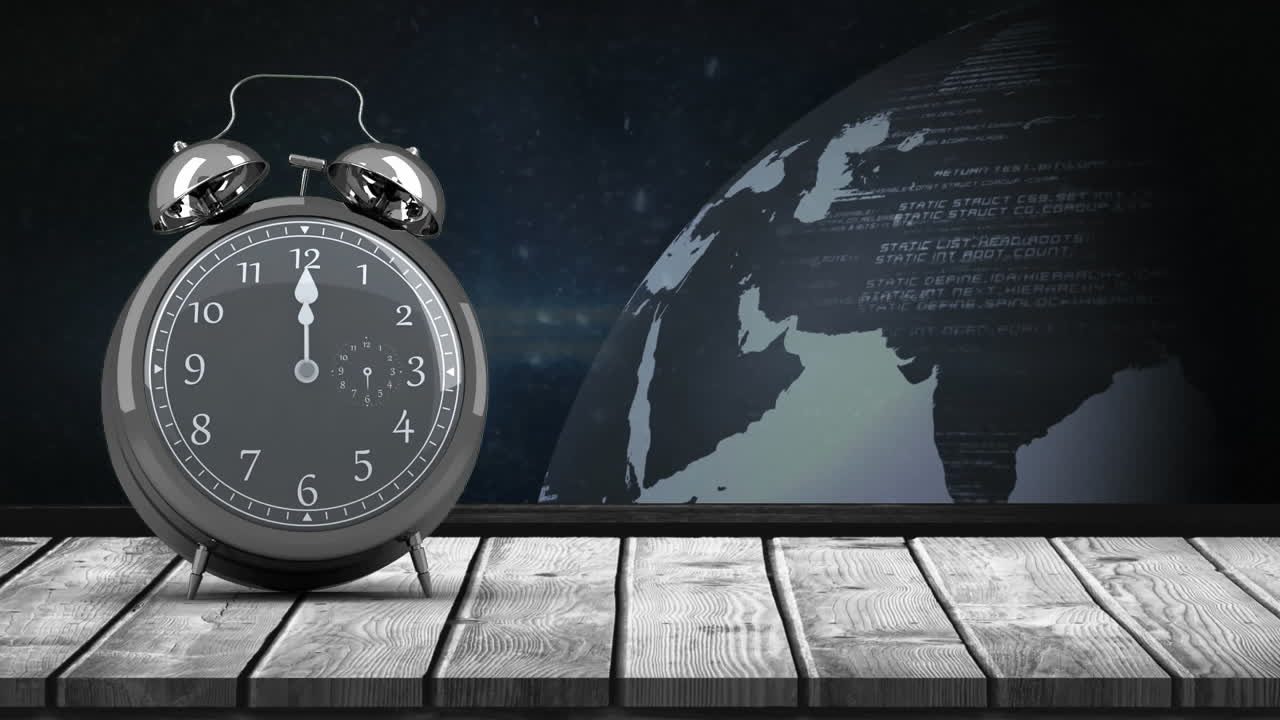 데이터 프로세싱과 글로브에 대한 빈티지 알람 시계의 애니메이션