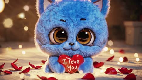 adorable blue fluffy kitten holding a red heart with i love you written on it, surrounded by rose petals and bokeh effect, perfect for valentine's day