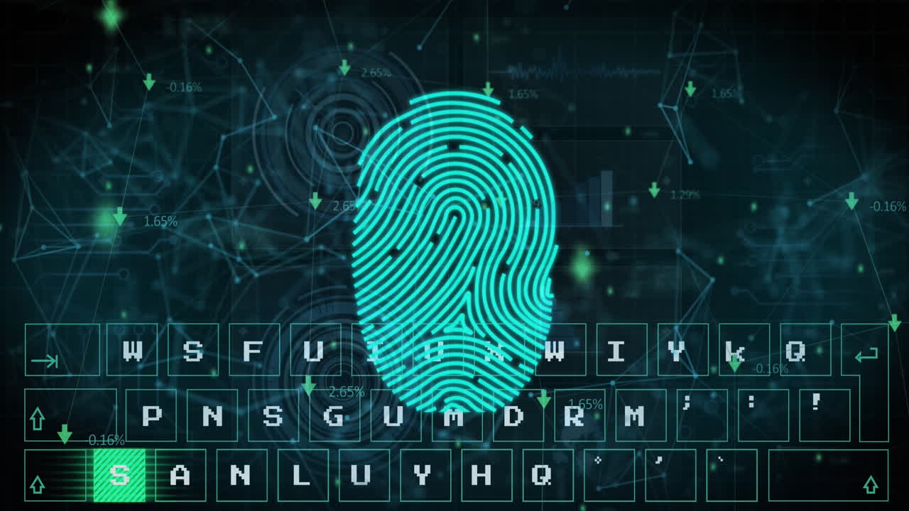 animación del icono del candado de seguridad, el escáner de huellas dactilares, el teclado virtual y la red de conexiones