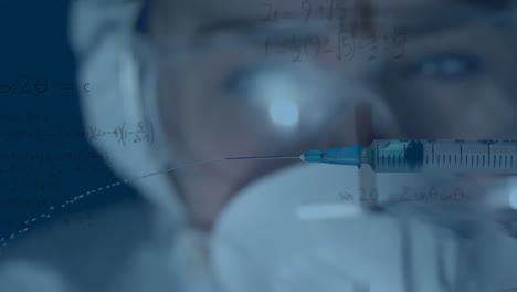 animation of mathematical equations over female scientist holding syringe