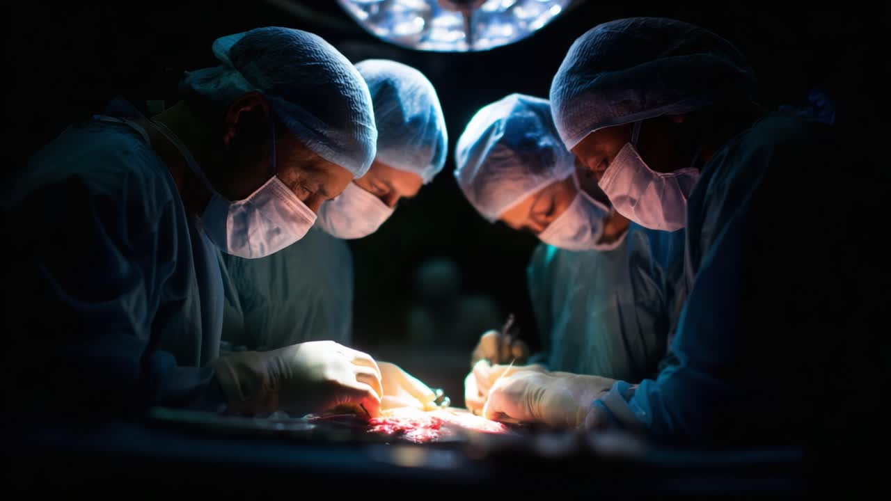 A Group of Surgeons Engaged in a Critical Surgical Procedure Under Intense Focus and Bright Operating Room Lights, Highlighting Precision and Teamwork in Medicine