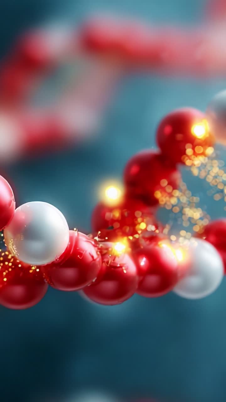 An intricate portrayal of a molecular structure featuring vibrant red and white spherical atoms interconnected by glowing energy strands that illuminate the dynamic essence of molecular chemistry