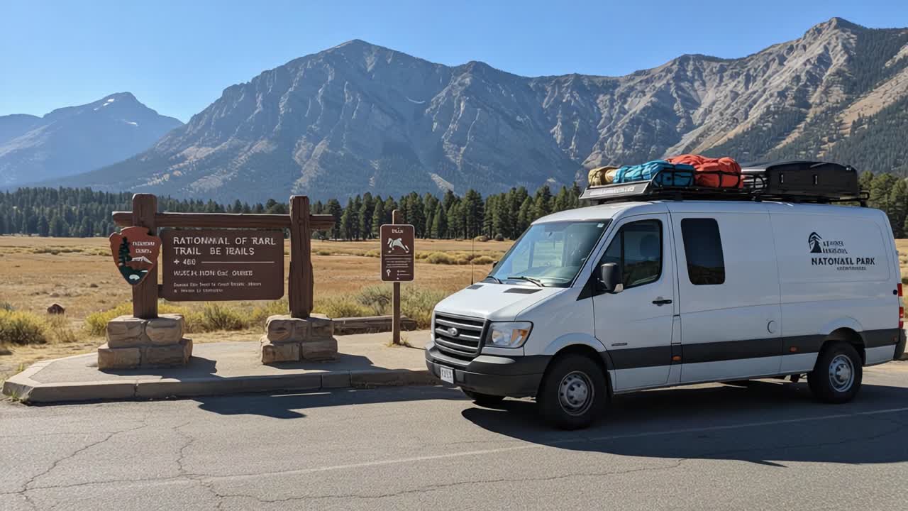 Exploring Nature's Grand Beauty: A Scenic View of the National Park Sign with Majestic Mountains in the Distance and an Adventure-Ready Van Parked Nearby