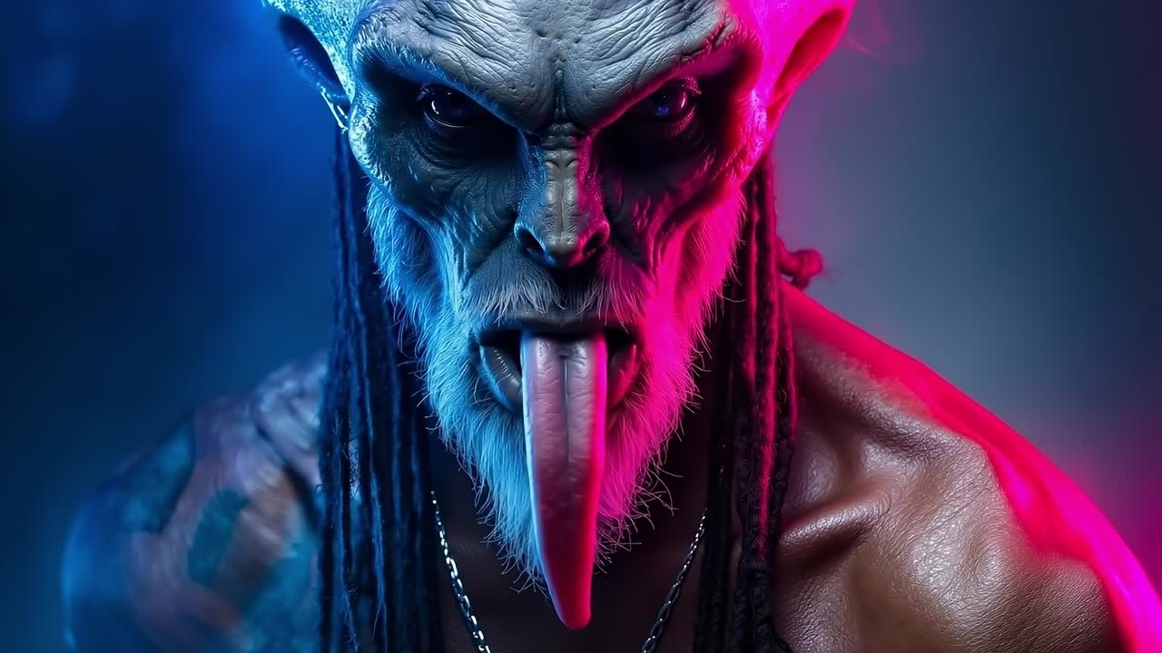 A man with dreadlocks and a pink and blue face with his tongue out