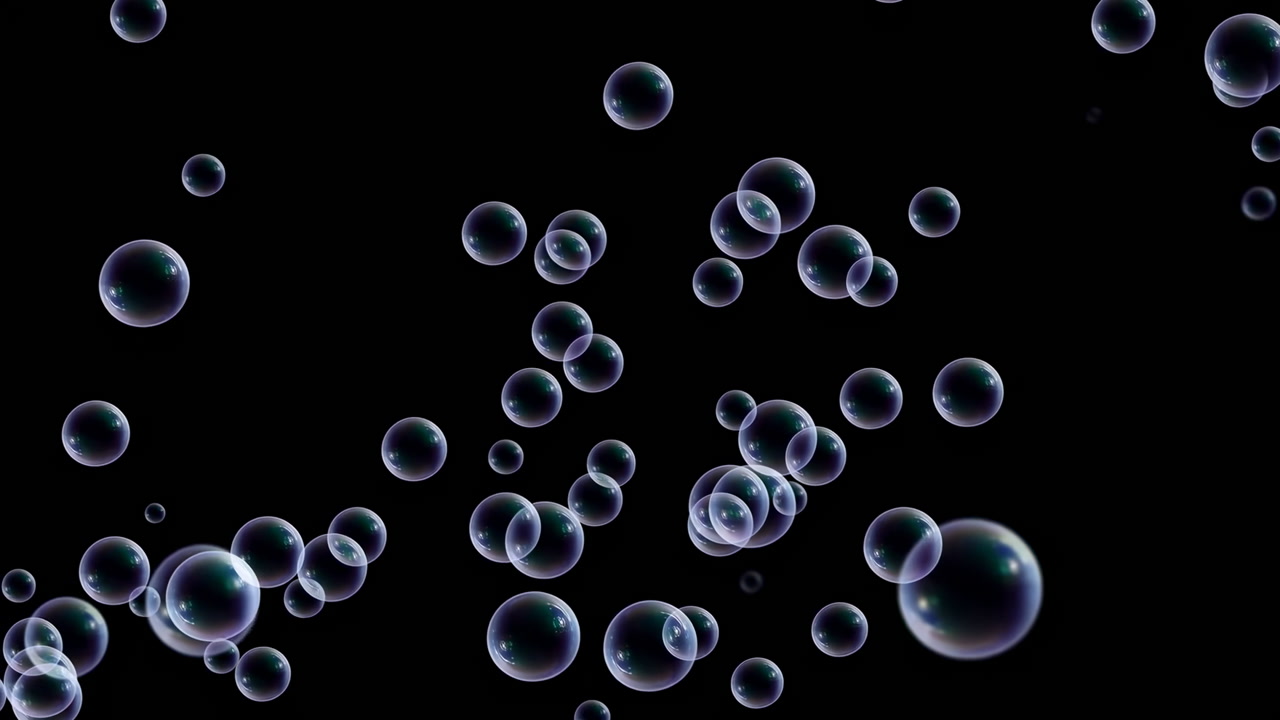 Floating Soap Bubbles On Black Background, Iridescent Highlights And Soft Reflections, Slow Drifting Motion