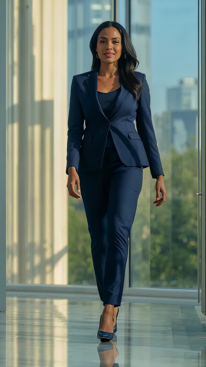 Vertical video: Walking woman in navy suit and heels heading to meeting from atrium, passing glass
